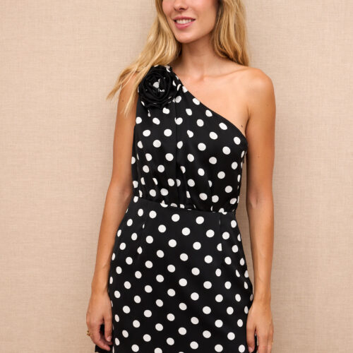 Vestido Asimétrico Corto Lunares Detalle Flor Negra