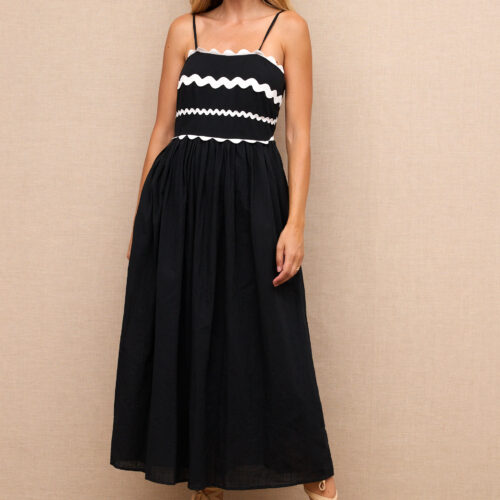 Vestido Midi Negro Detalle Blanco Tirante Fino
