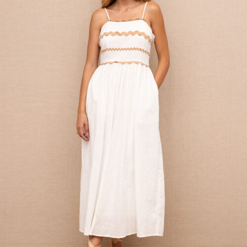 Vestido Midi Blanco Detalle Beige Tirante Fino
