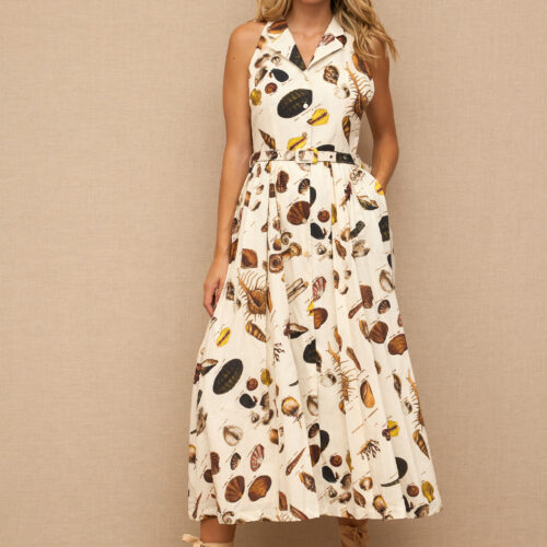 Vestido Midi Estampado Hojas Detalle Cinturón Abertura Lateral