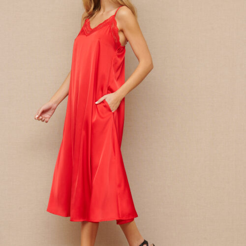 Vestido Largo Rojo Lencero  Bolsillos