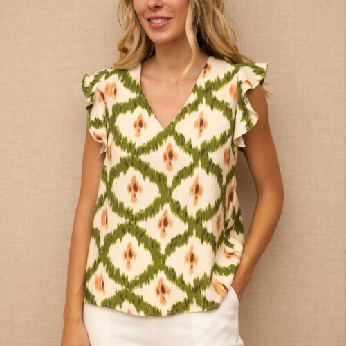 Blusa Manga Volantes Estampado Rombos Verdes