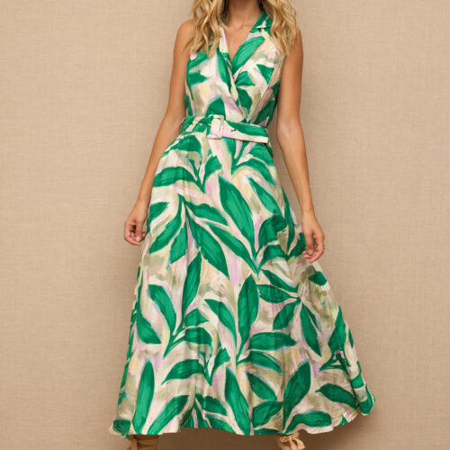 Vestido Midi Estampado Hojas Verdes Detalle Cinturón
