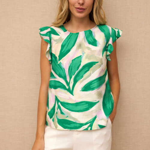 Blusa Estampada Hojas Verdes Manga Volante