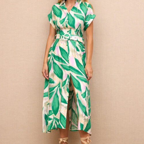 Vestido Camisero Largo Verde Estampado Hojas con Cinturón