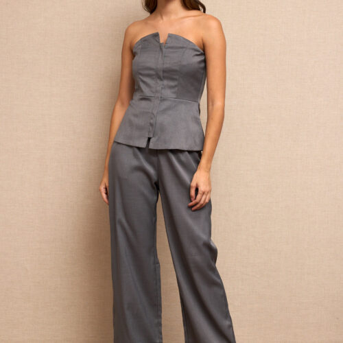 Conjunto Gris Pantalón Largo Bolsillos Top Escote Palabra de Honor