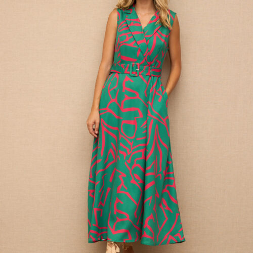 Vestido Verde Midi  Estampado  Detalle Cinturón
