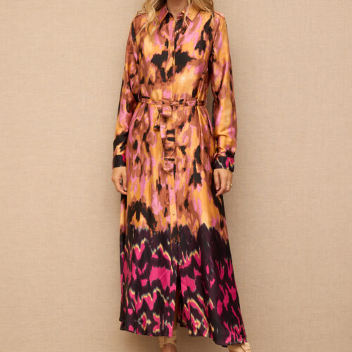 Vestido Camisero Largo Estampado Manga Larga Tonos Tierra