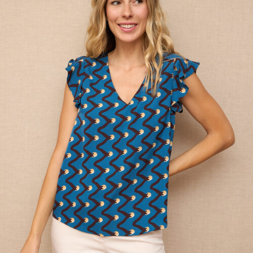 Blusa Estampada Manga Corta Volantes Escote V