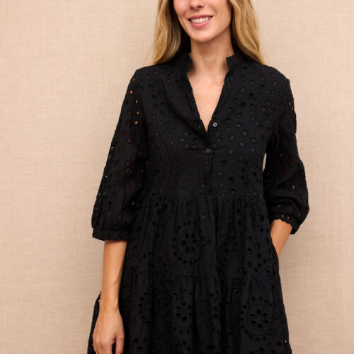 Vestido Negro Camisero Corto Calado Manga Francesa