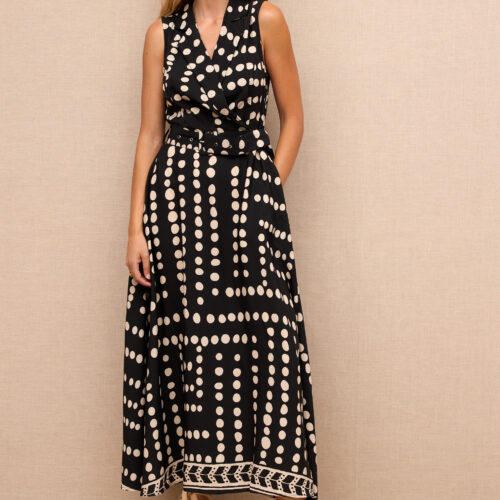 Vestido Largo Estampado Lunares Escote Cruzado Detalle Cinturón