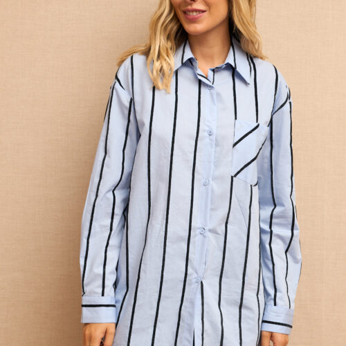 Camisa Azul Estampado Rayas Manga Larga