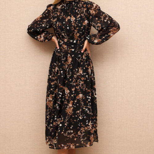 Vestido Midi Negro Estampado Manga Larga Abullonada Abertura