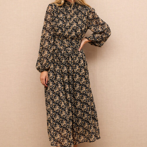 Vestido Midi Negro Estampado Manga Larga Abullonada Abertura