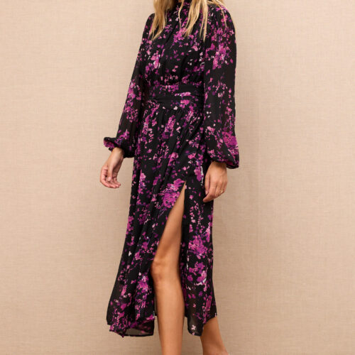 Vestido Negro Midi Estampado Flores con Aberturas Manga Larga Abullonada