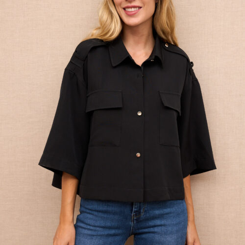 Camisa Negra Oversize  Lisa Manga 3/4 Bolsillos