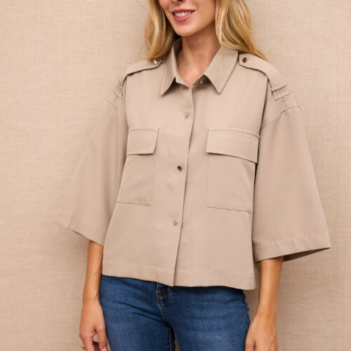 Camisa Beige Oversize  Lisa Manga 3/4 Bolsillos