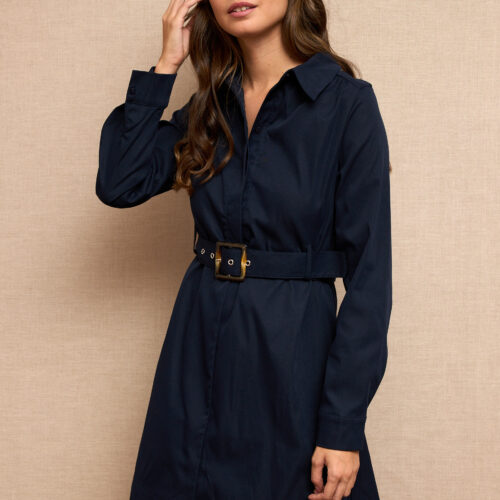 Vestido Azul Marino Corto Camisero  Cinturón  Manga Larga