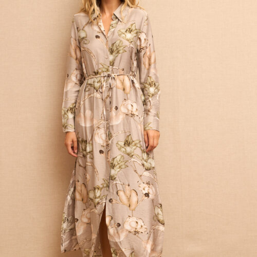 Vestido Midi Camisero Beige Estampado Manga Larga Cinturón Fino