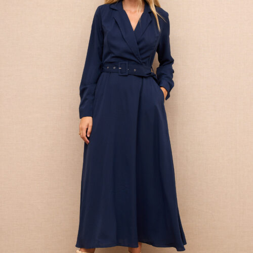 Vestido Azul Marino Largo Liso Escote Cruzado con Solapas Manga Larga Cinturón
