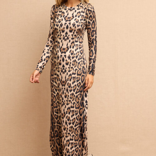 Vestido Largo Estampado Leopardo Escote Redondo con Abertura Manga Larga