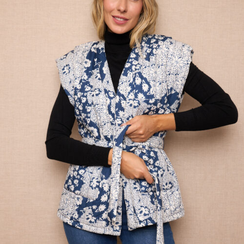 Chaleco Azul Acolchado Estampado con Cinturón