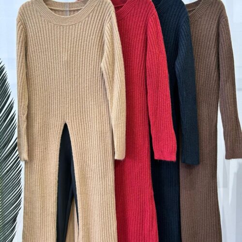 Jersey Largo de Punto Liso Rayas  Escote Redondo Abertura