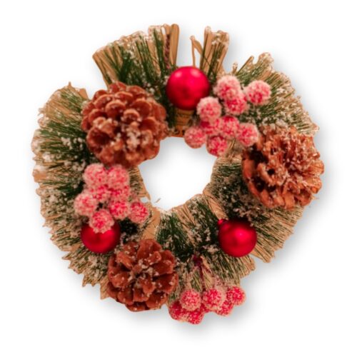 Corona de Navidad Nevada con Piñas Bolas Rojas y Bayas