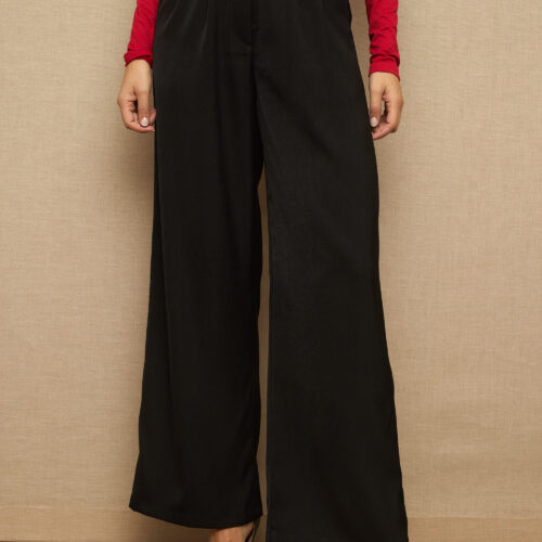 Pantalón de Vestir Negro Ancho Cintura Elástica Detalle Hebilla