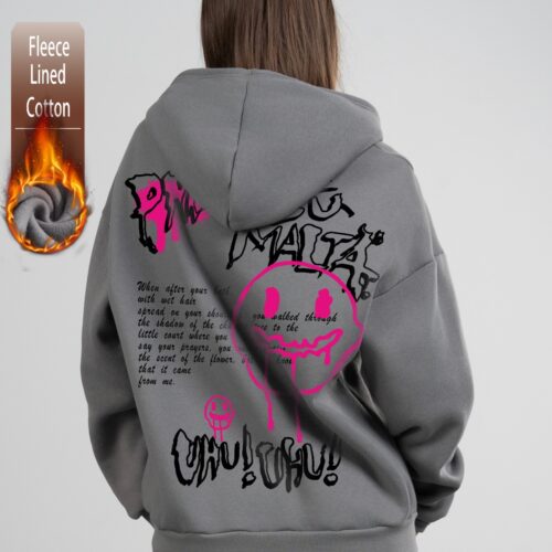 Sudadera Gris Afelpada Espalda Afelpada Detalles Fucsias