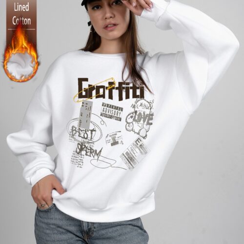 Sudadera Blanca Afelpada Estampada