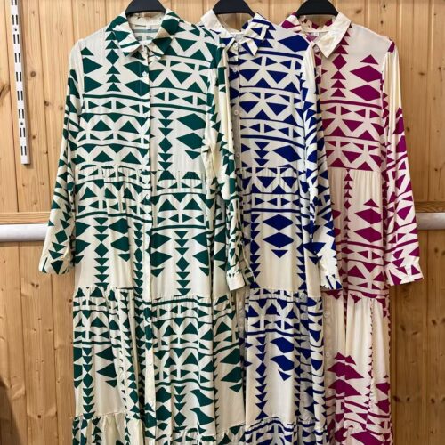 Vestido Camisero Largo Estampado Étnico Manga Larga