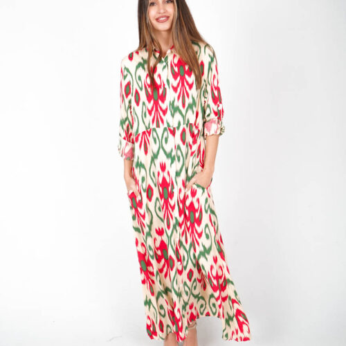 Vestido Camisero Largo Estampado Flores Manga Larga Detalle Bolsillos