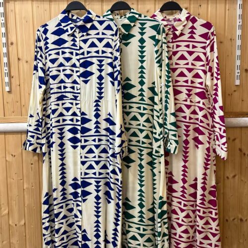 Vestido Camisero Largo Estampado Étnico Manga Larga