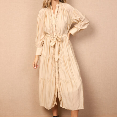 Vestido Midi Beige Detalle Lazo Cintura y Calados