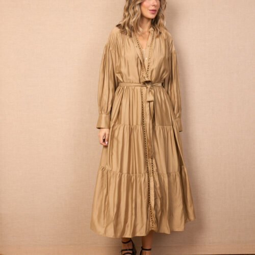 Vestido Midi Marrón Detalle Lazo Cintura y Calados