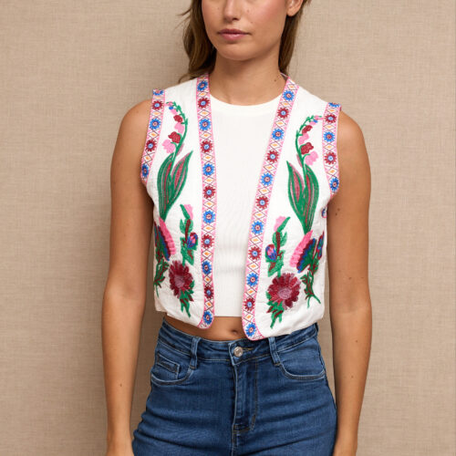 Chaleco Blanco Bordado Floral Multicolor