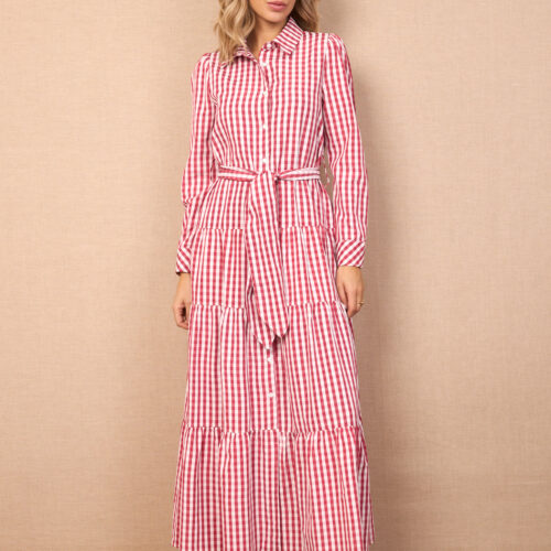 Vestido Midi Rojo Estampado Cuadros Detalle Cinturón