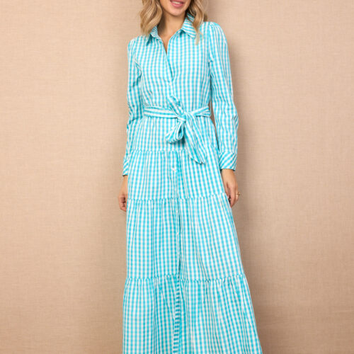 Vestido Midi Azul Estampado Cuadros Detalle Cinturón