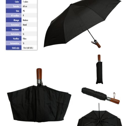 Paraguas Plegable Negro Mango de Madera