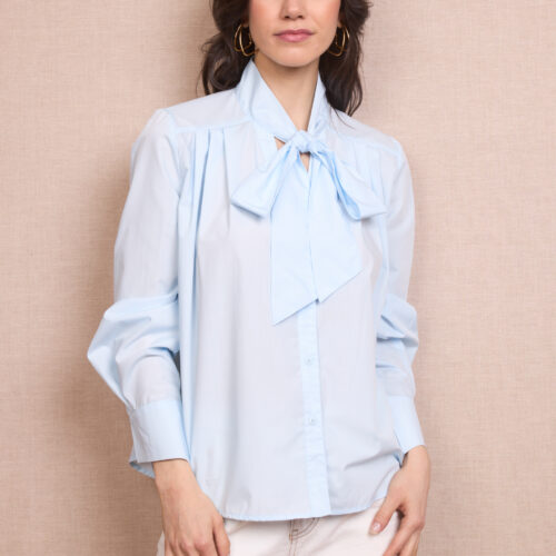 Camisa Azul Escote con Lazo Manga Larga