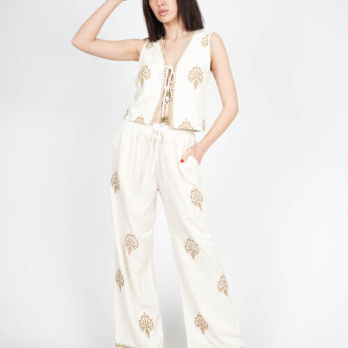Pantalón Largo con Bordados  Cintura  con Tiras