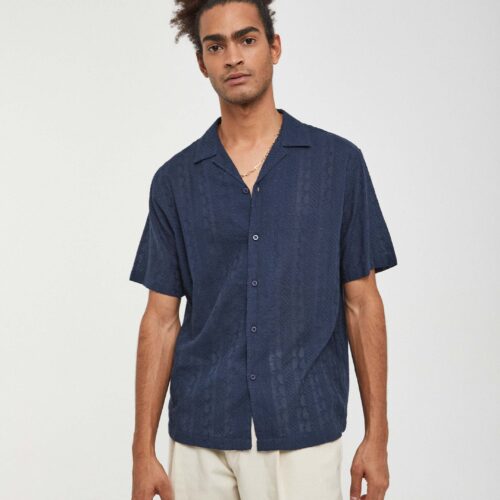 Camisa Azul Marino Manga Corta Bordada
