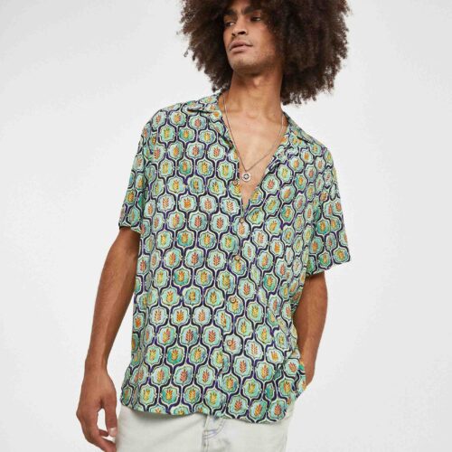 Camisa Hawaiana Verde Estampado Espigas