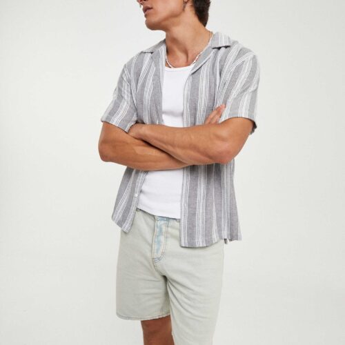 Camisa Manga Corta Gris Rayas Blancas