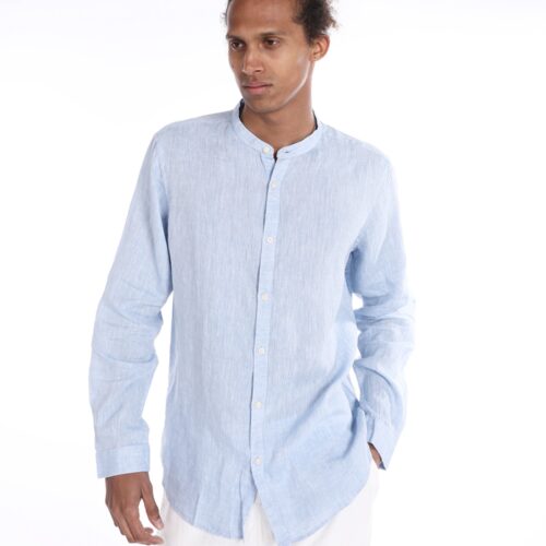 Camisa Lino Cuello Mao Azul Claro