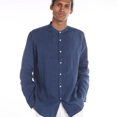 Camisa Lino Cuello Mao Azul Oscuro