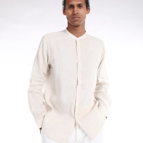 Camisa Lino Cuello Mao Beige