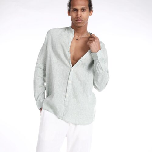 Camisa Lino Cuello Mao Verde Claro