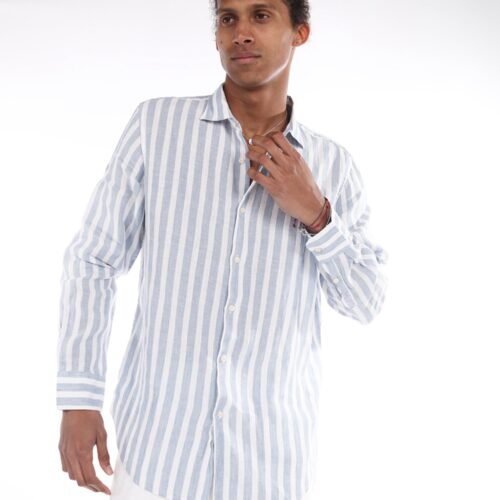 Camisa Lino con Rayas Anchas Azules